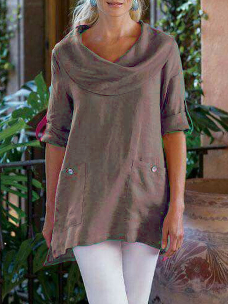 Pockets Long Sleeve Cowl Neck Cotton-Blend Shirt