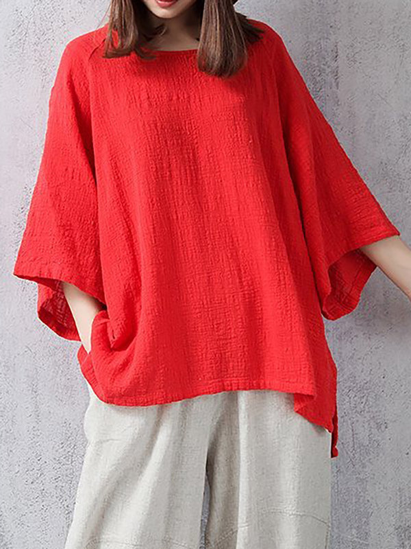 Casual Linen Crew Neck Solid Plus Size T-Shirt