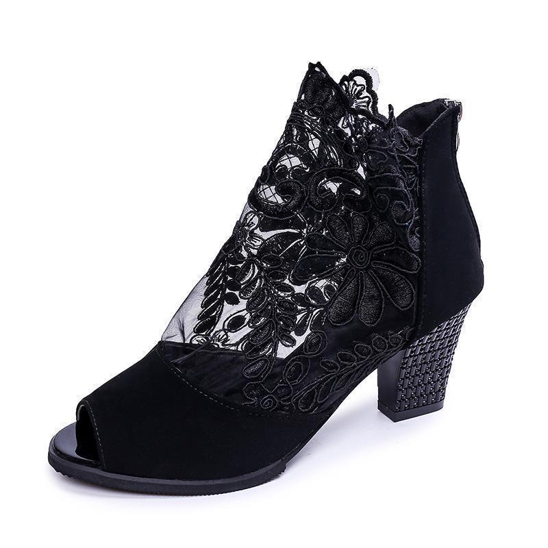 Women Fashion Net Yarn Spliced Peep Toe Sandals Pumps