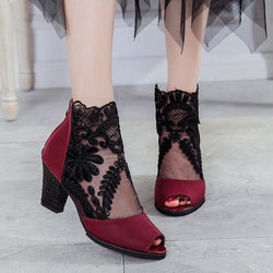 Women Fashion Net Yarn Spliced Peep Toe Sandals Pumps