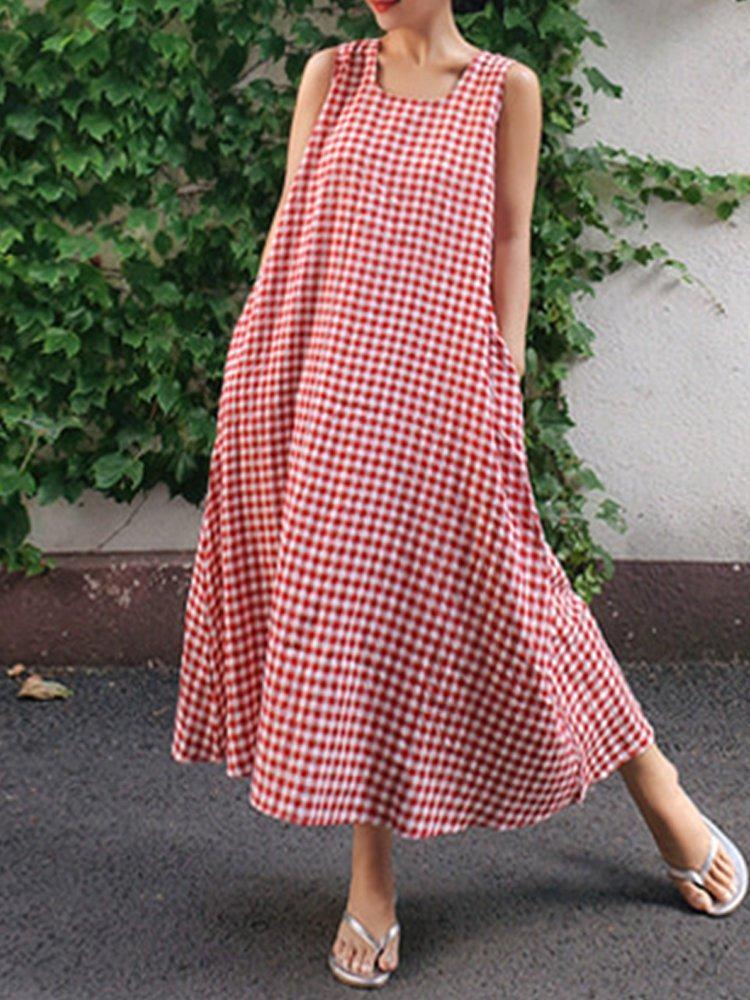 Casual Square Neck Cocoon Plaid Dress