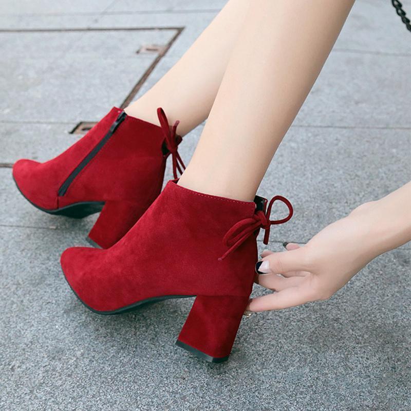 Women Fashion Nubuck Leather Ankle Height Pointed Toe Boots Pumps