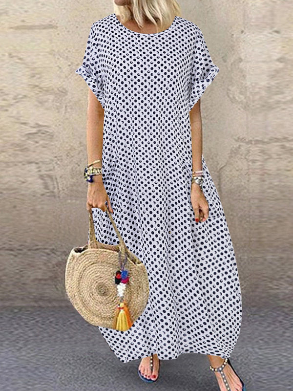 Printed Polka Dots Short Sleeve Crew Neck Maxi Dresses