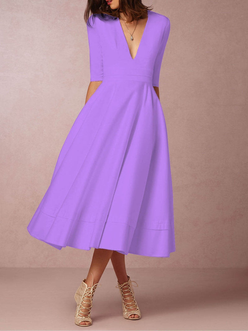 Deep V-Neck Solid Elegant Dress