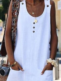 White Crew Neck Buttoned Cotton-Blend Sleeveless Dresses