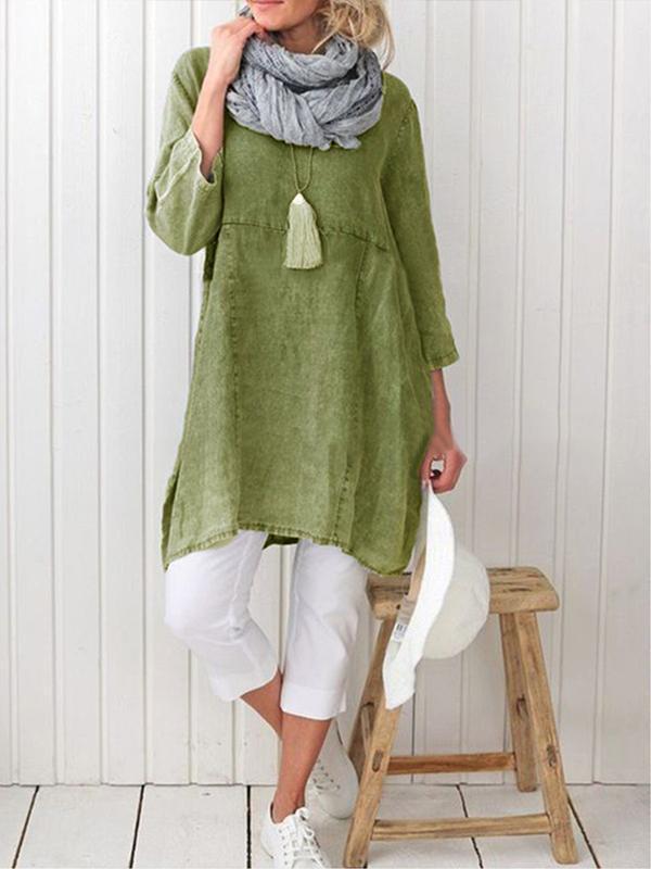 Plus Size Casual Plain Long Sleeve Linen Dress