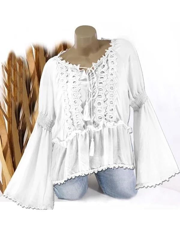 Women Flare sleeve Round Neck Casual Lace Splice Long Sleeve Blouse