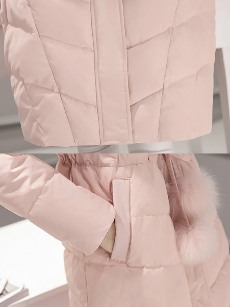 Women Hoodie Pockets Buttoned Paneled Zipper Winter Down Coat