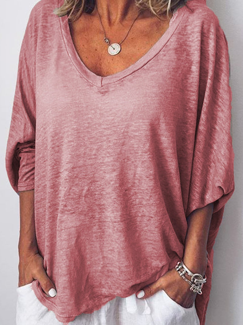 Women Long Sleeves V Neck Loose-Ness Fit Shirt Top Tunic