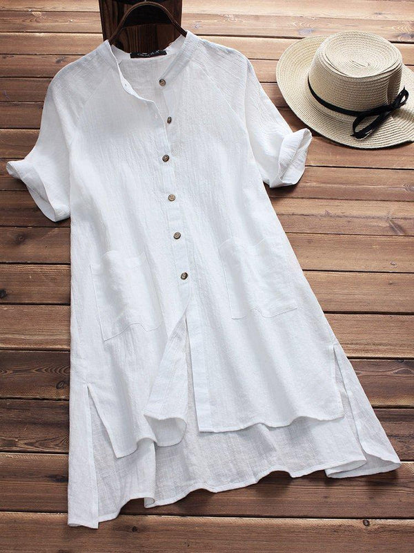 Stand Collar High Low Women Short Sleeve Casual Slit Solid Casual Dress